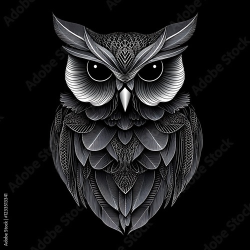 Detailed illustration of an owl, intricate feather design, dark background. Suitable for prints, posters or digital art photo