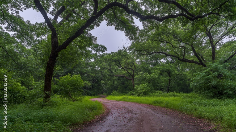 Lush Green Forest Path Winding Through Canopy Lush Green Forest Path Winding Through Canopy