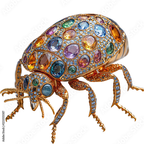 Shiny Gold Sculpture of a Louse Adorned with Colorful Gems and Intricate Designs in a Captivating Display