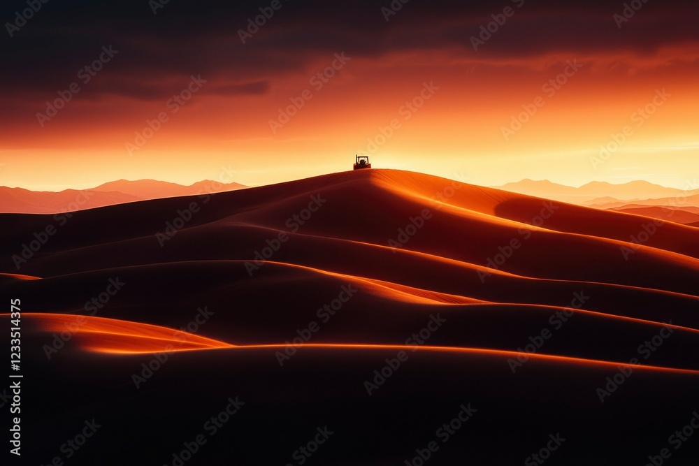 Fototapeta premium Solitary Tractor on a Desert Dune at Sunset