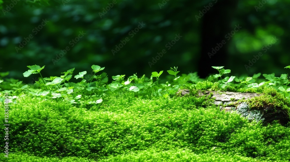 Lush Green Moss Forest Floor with Young Plants Lush Green Moss Forest Floor with Young Plants