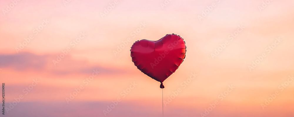 Fototapeta premium A vibrant heart-shaped balloon floating against a beautiful sunset sky.