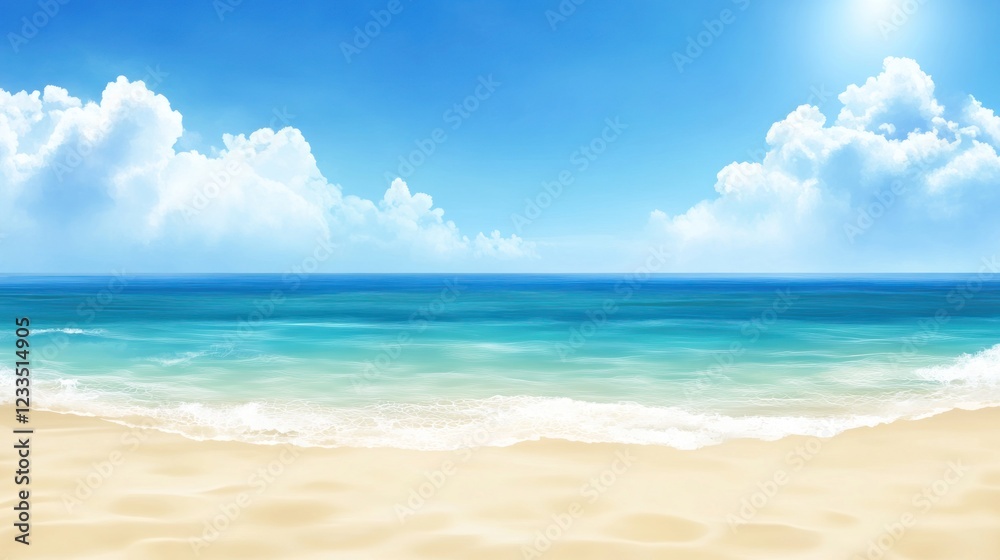 Idyllic beach scene with turquoise ocean, white sand, and fluffy clouds under a bright sun. Idyllic beach scene with turquoise ocean, white sand, and fluffy clouds under a bright sun.