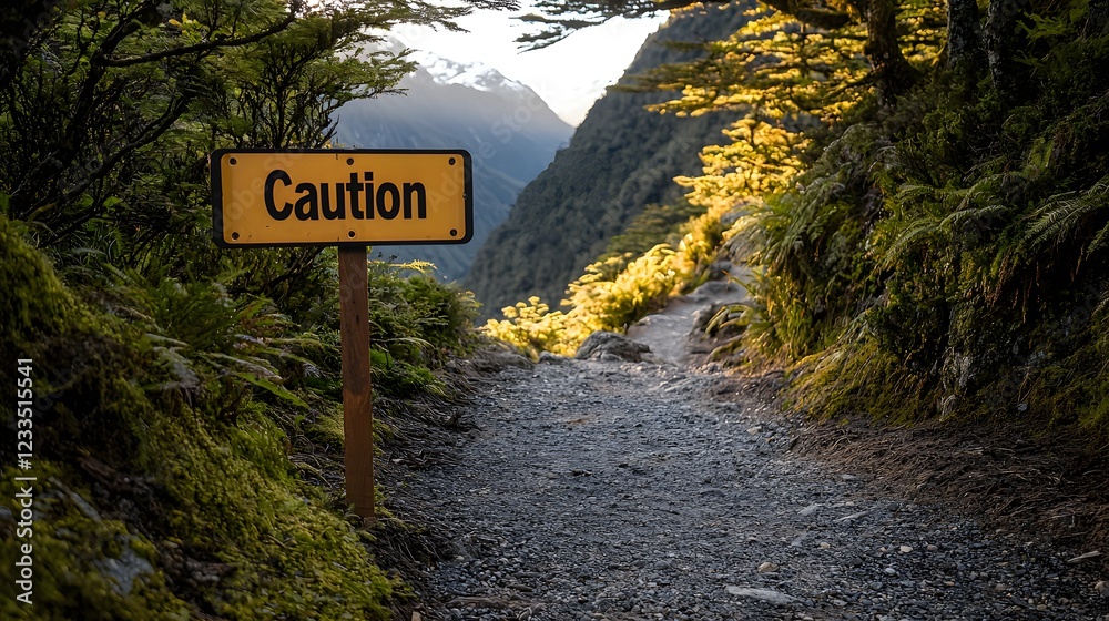 Obraz premium Caution Sign on Hiking Trail Surrounded by Lush Greenery and Scenic Mountain Landscape