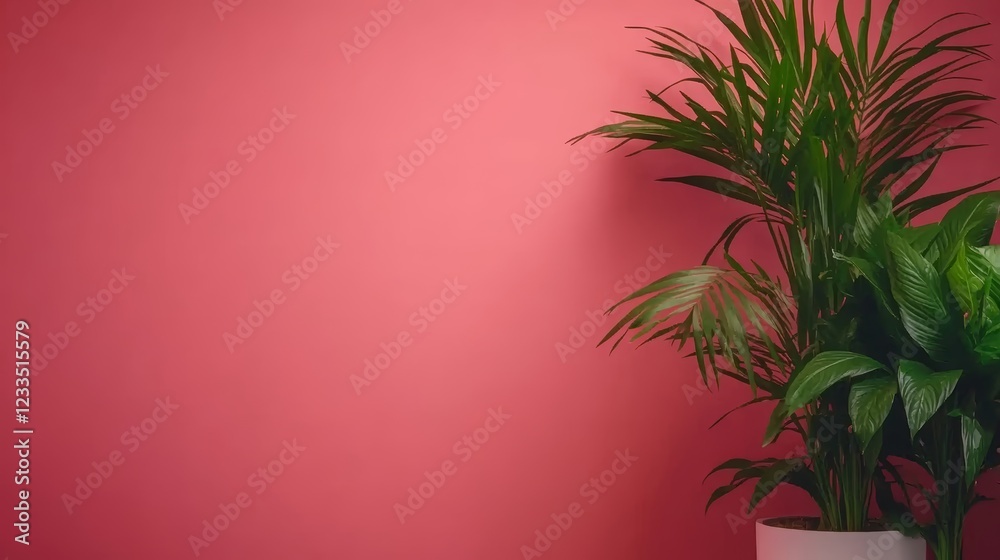 Obraz premium Lush Green Tropical Plant Against Pink Wall