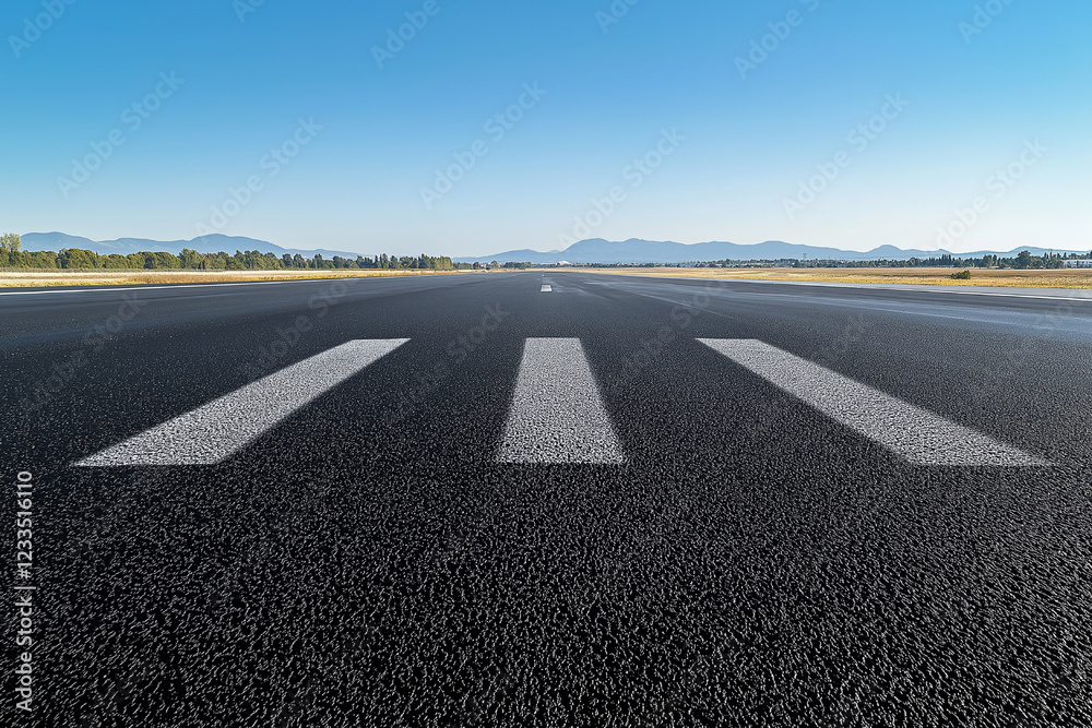 Fototapeta premium Asphalt Runway Extends to Distant Mountains under a Clear Sky