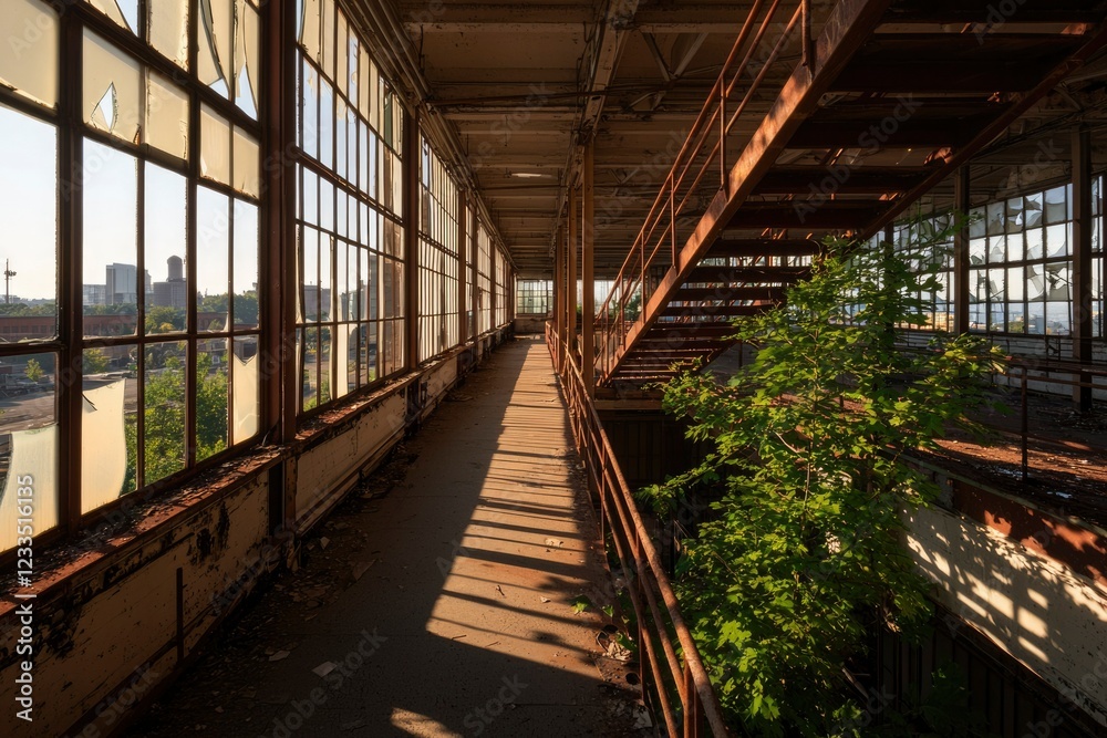 Sunlit walkway in a dilapidated factory building with broken windows Sunlit walkway in a dilapidated factory building with broken windows