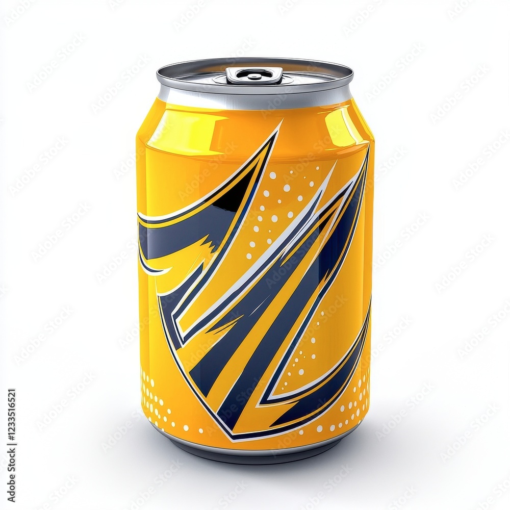 A vibrant yellow soda can featuring bold black and yellow designs, showcasing a modern and energetic branding style. A vibrant yellow soda can featuring bold black and yellow designs, showcasing a modern and energetic branding style.