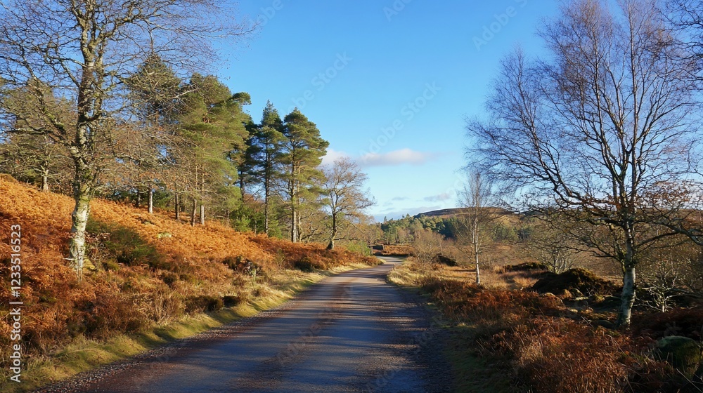 A tranquil road winds through a landscape of autumn foliage and bare trees on a sunny day A tranquil road winds through a landscape of autumn foliage and bare trees on a sunny day