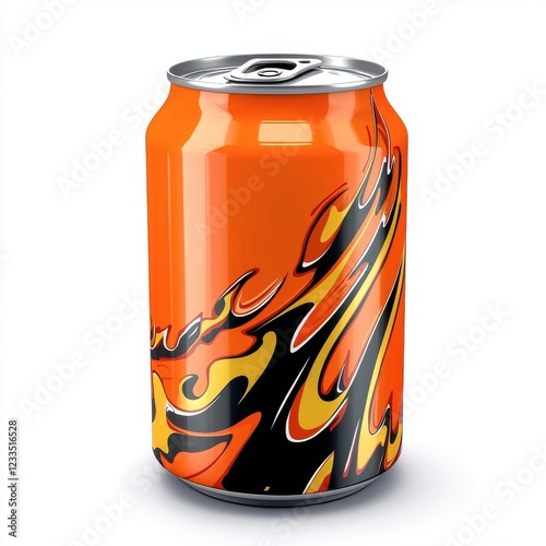 A vibrant orange soda can with dynamic black and yellow flame graphics, exuding energy and excitement. photo