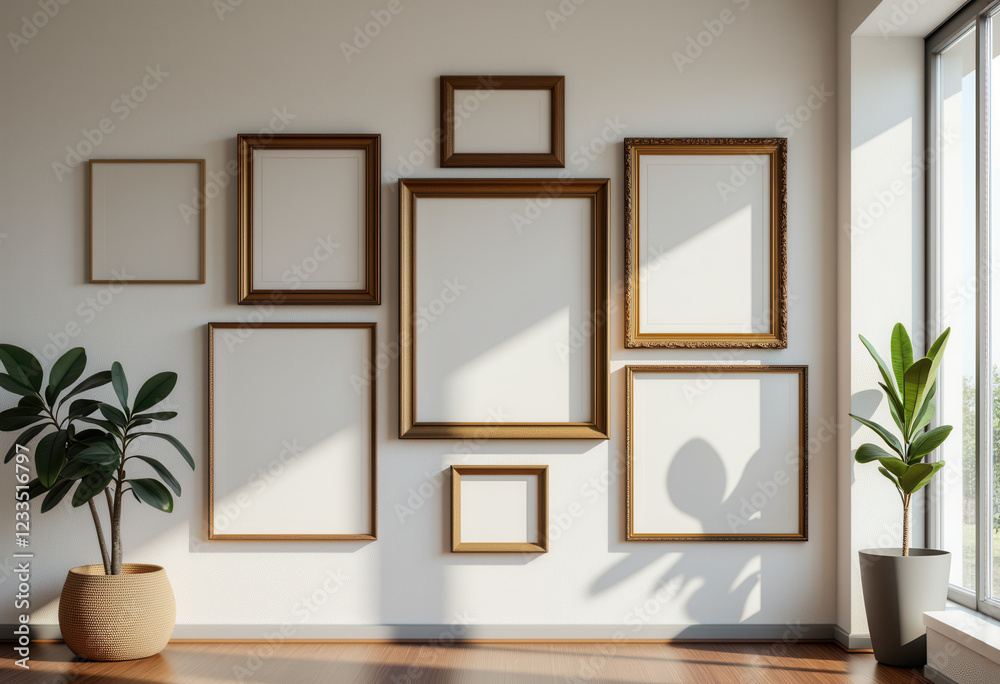 Fototapeta premium Wall with Empty Picture Frames and Plants