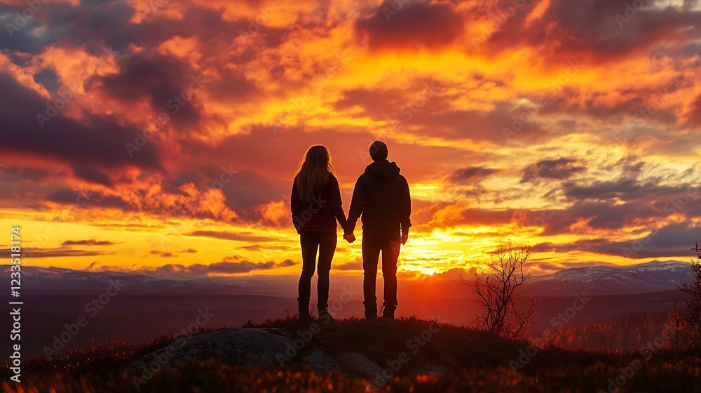 Couple watch sunset in mountains, scenic romantic Couple watch sunset in mountains, scenic romantic