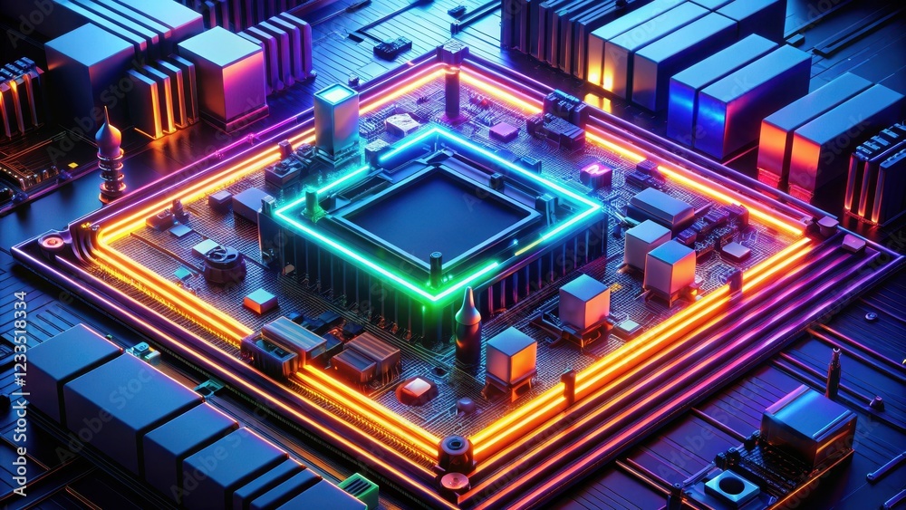 Advanced computer motherboard with intricate glowing neon structures and a high-performance CPU at its core , motherboard, computer components