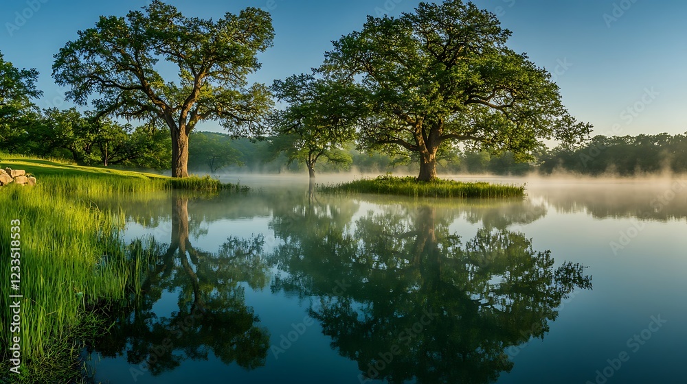 Obraz premium Tranquil lakeside scene with trees reflecting in calm water at sunrise.