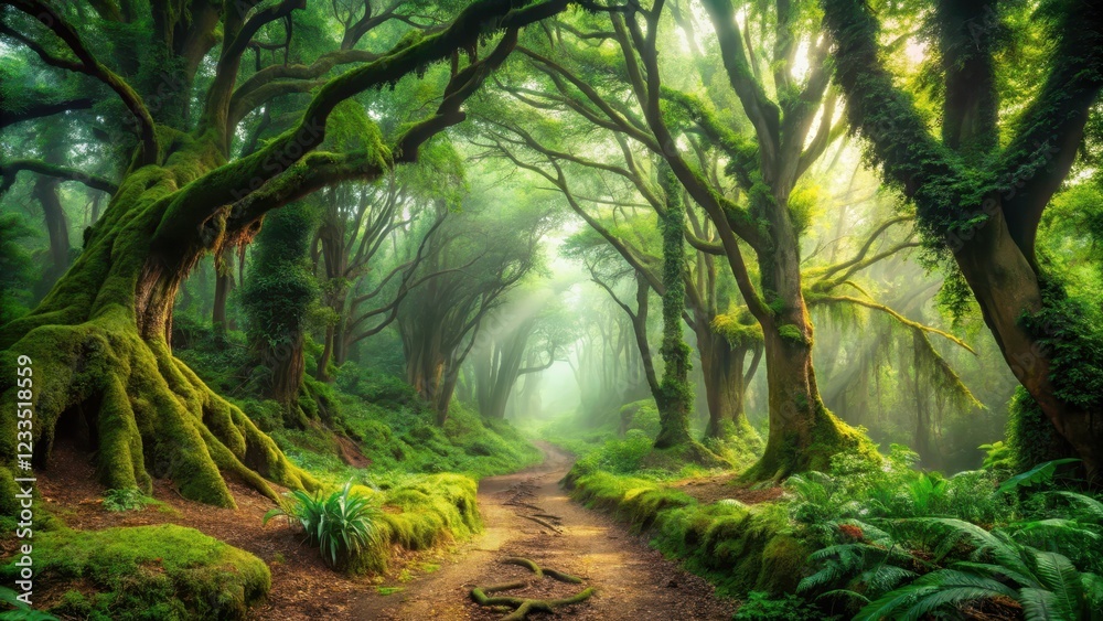 Naklejka premium Dramatic dirt path winding through lush green forest with towering circular tree formations and overgrown foliage creating an air of mystery and ancient magic , circular trees, mysterious path