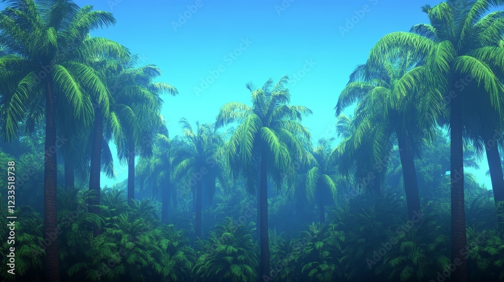 Lush Tropical Paradise Palm Trees and Verdant Foliage Under a Clear Sky Lush Tropical Paradise Palm Trees and Verdant Foliage Under a Clear Sky