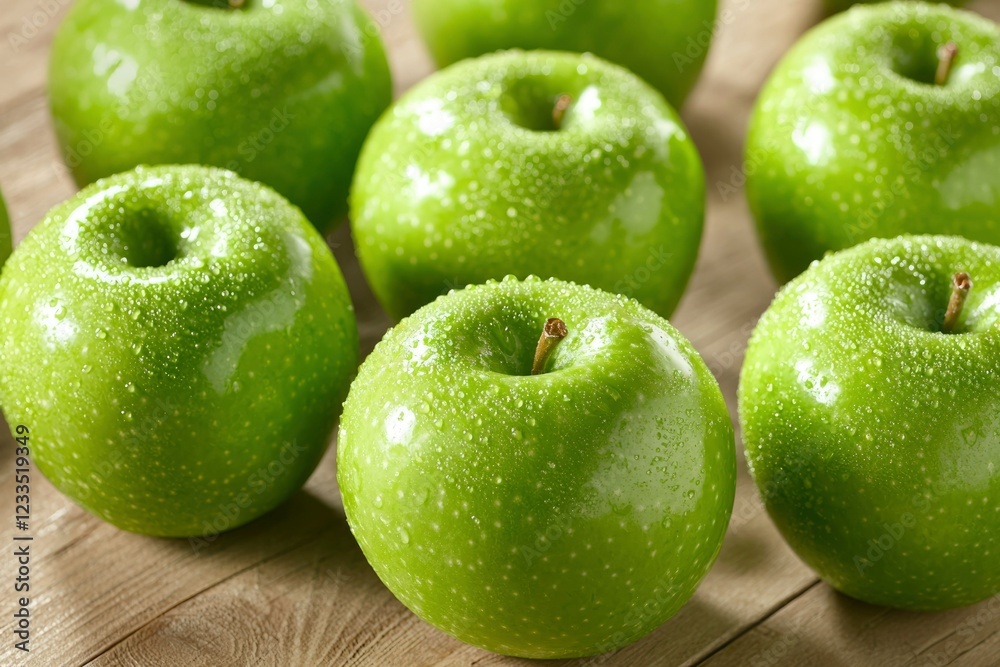 Green Apples Displayed On Wooden Surface Green Apples Displayed On Wooden Surface