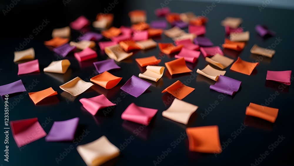 Fototapeta premium Brightly colored confetti scattered on a glossy black table