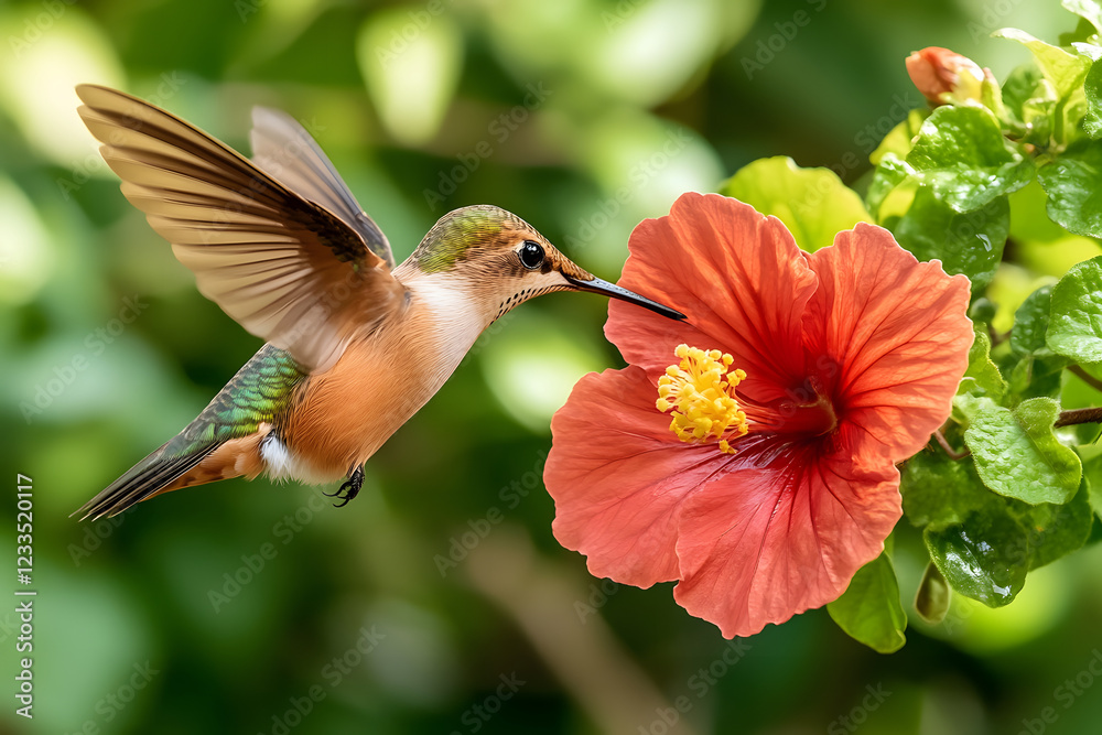 Naklejka premium hummingbird hovering near vibrant hibiscus flower, showcasing nature beauty