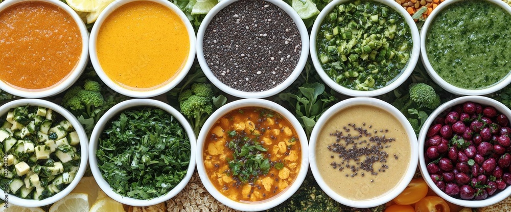 Overhead View of Colorful Sauces and Toppings in Bowls Overhead View of Colorful Sauces and Toppings in Bowls