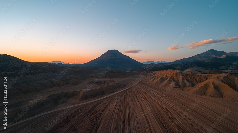 Naklejka premium Elevated View of Rugged Mountain Scenery at Sunset with Dramatic Cloud Patterns and Vibrant Colors