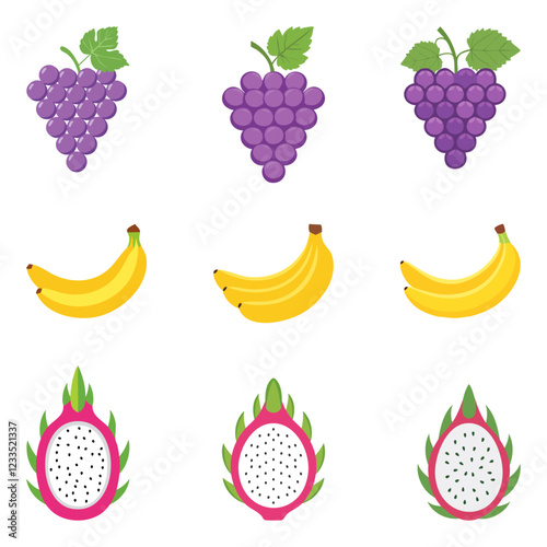 banana, grape, dragon fruit vector looks delicious with white background