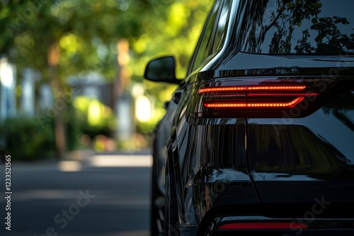 Close-up of a black SUV's illuminated taillight on a residential street.