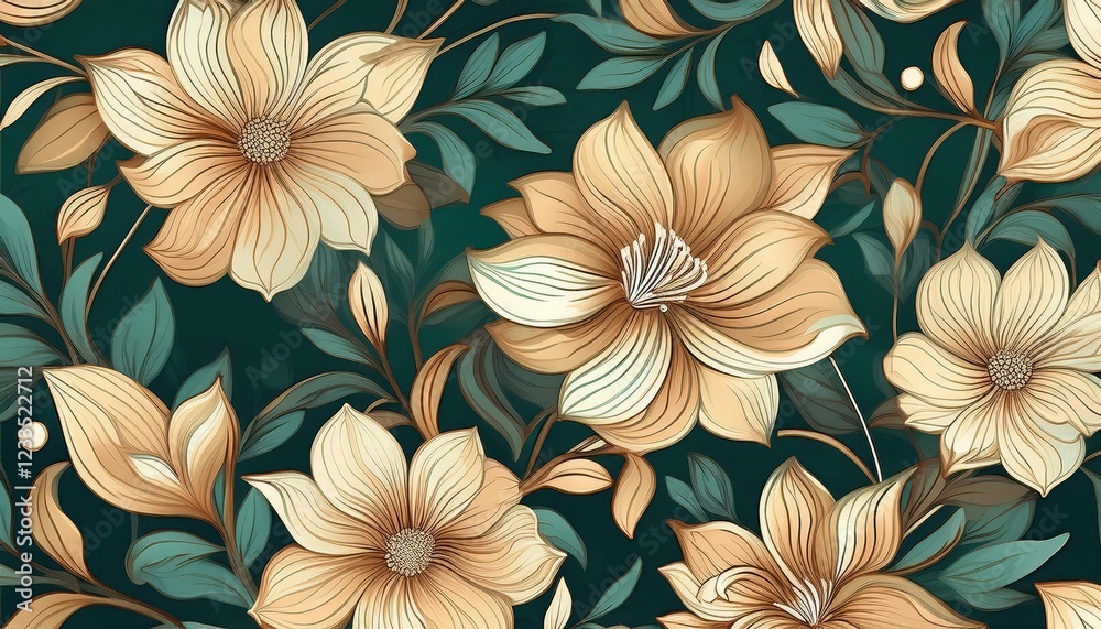 Elegant Beige Floral Pattern on a Rich, Lush Dark Green Background, Showcasing Vibrant and Textured Petals in a Stylized Design. Elegant Beige Floral Pattern on a Rich, Lush Dark Green Background, Showcasing Vibrant and Textured Petals in a Stylized Design.