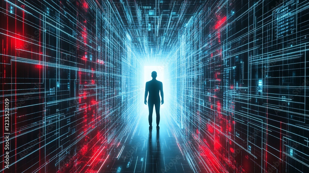 A figure stands in a luminous corridor with digital data patterns on walls A figure stands in a luminous corridor with digital data patterns on walls