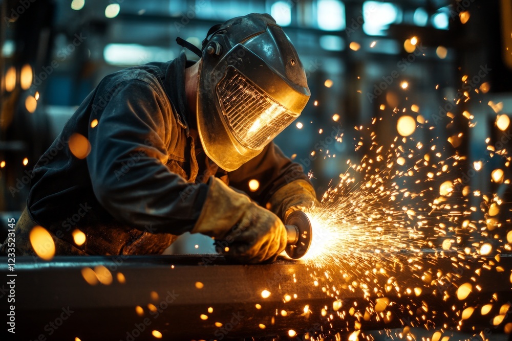 Industrial factory workers are cutting metal iron using face shields from sparks, industrial factory metal workers Industrial factory workers are cutting metal iron using face shields from sparks, industrial factory metal workers
