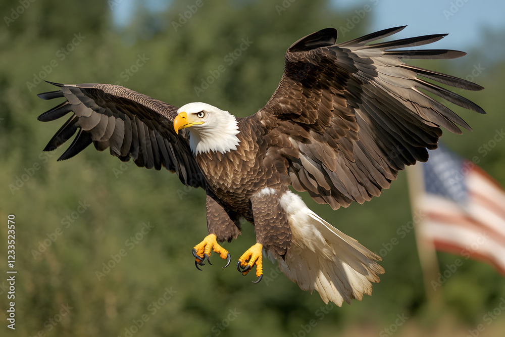 Obraz premium majestic bald eagle soaring with its wings spread wide, showcasing its power and grace