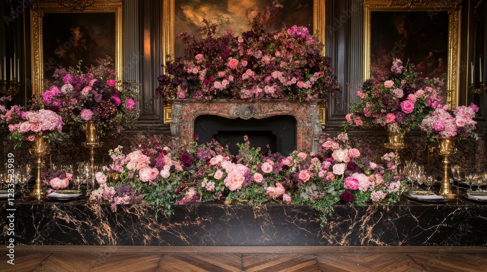 Fototapeta premium Luxurious Floral Arrangement Wedding Decor Fireplace