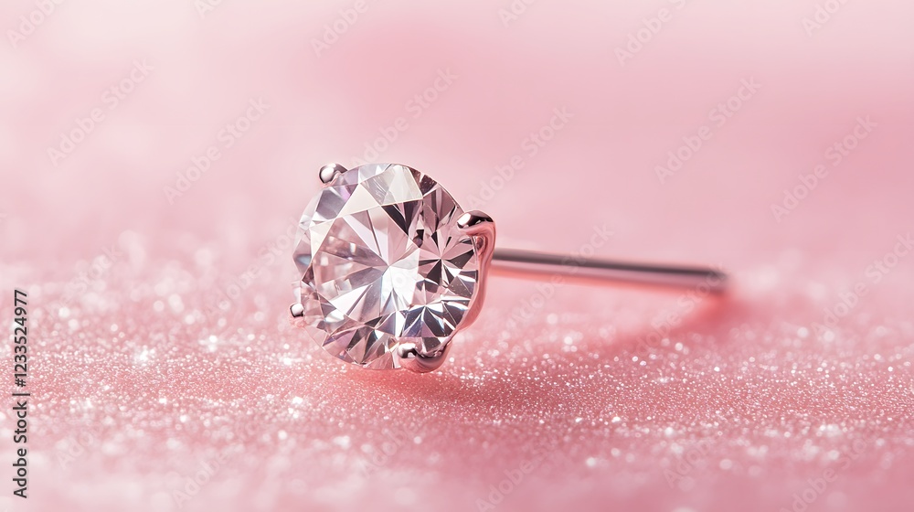 Elegant Round Cut Diamond Ring on Soft Pink Glitter Background Elegant Round Cut Diamond Ring on Soft Pink Glitter Background