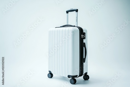White carry-on suitcase on wheels, isolated on white background.