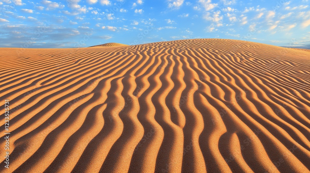 Sand dunes with beautiful wavy lines in the desert under a blue sky with clouds Sand dunes with beautiful wavy lines in the desert under a blue sky with clouds