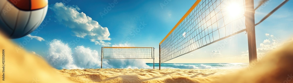 Sunny Beach Volleyball Game with Ocean Waves in the Background Under Clear Blue Sky Sunny Beach Volleyball Game with Ocean Waves in the Background Under Clear Blue Sky