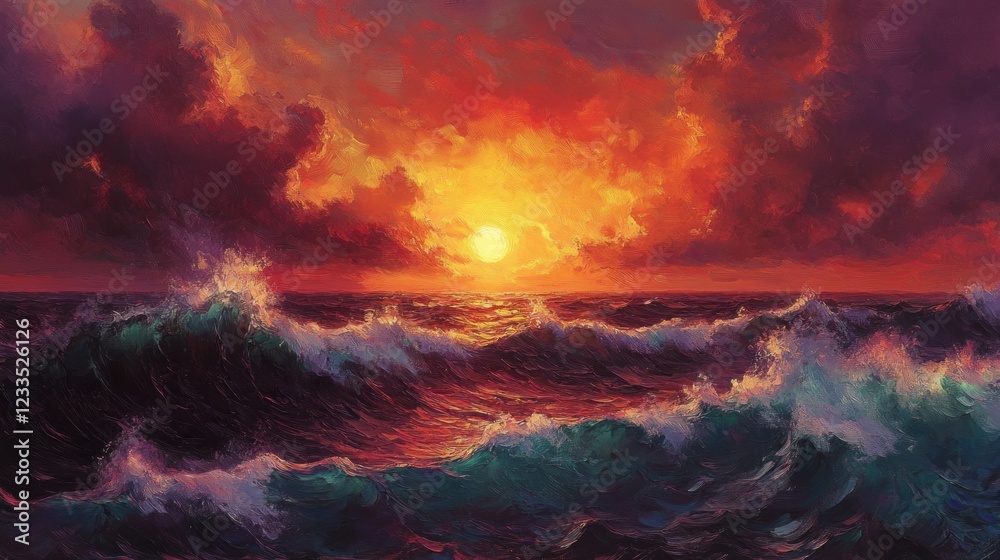Fototapeta premium Fiery Sunset Over Turbulent Ocean Waves