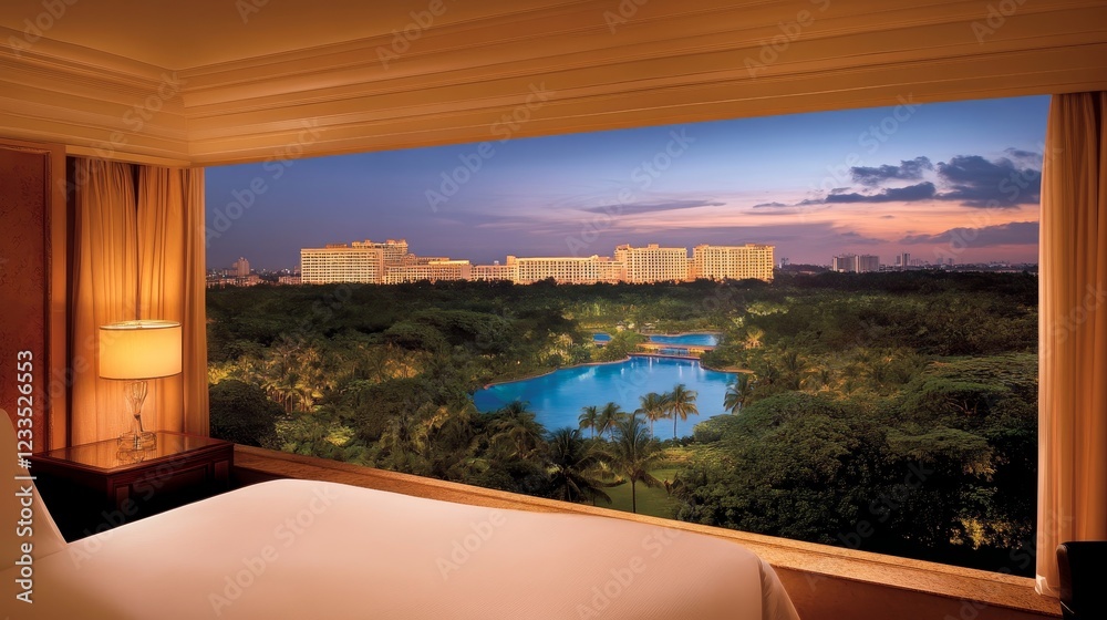 Fototapeta premium Luxurious Hotel Room with Scenic Cityscape View