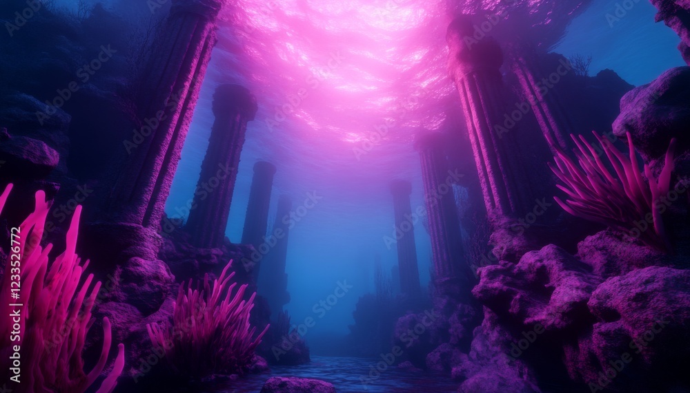 Fototapeta premium A mesmerizing underwater scene with vibrant coral and ancient pillars illuminated by ethereal purple light.