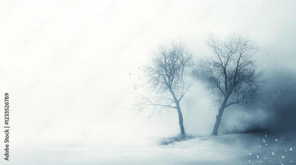 Winter trees in fog, snowy landscape, peaceful scene, background for meditation Winter trees in fog, snowy landscape, peaceful scene, background for meditation