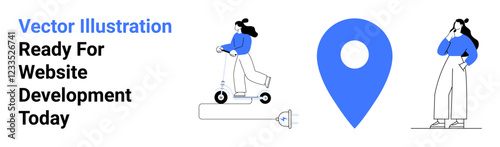 Woman riding electric scooter, charging cable, bold blue location pin, person using binoculars. Ideal for technology, mobility, navigation, exploration, journey modern lifestyle flat landing page