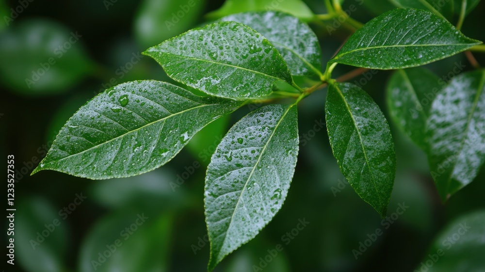 Dew-covered leaves, close-up, garden, bokeh background, nature Dew-covered leaves, close-up, garden, bokeh background, nature