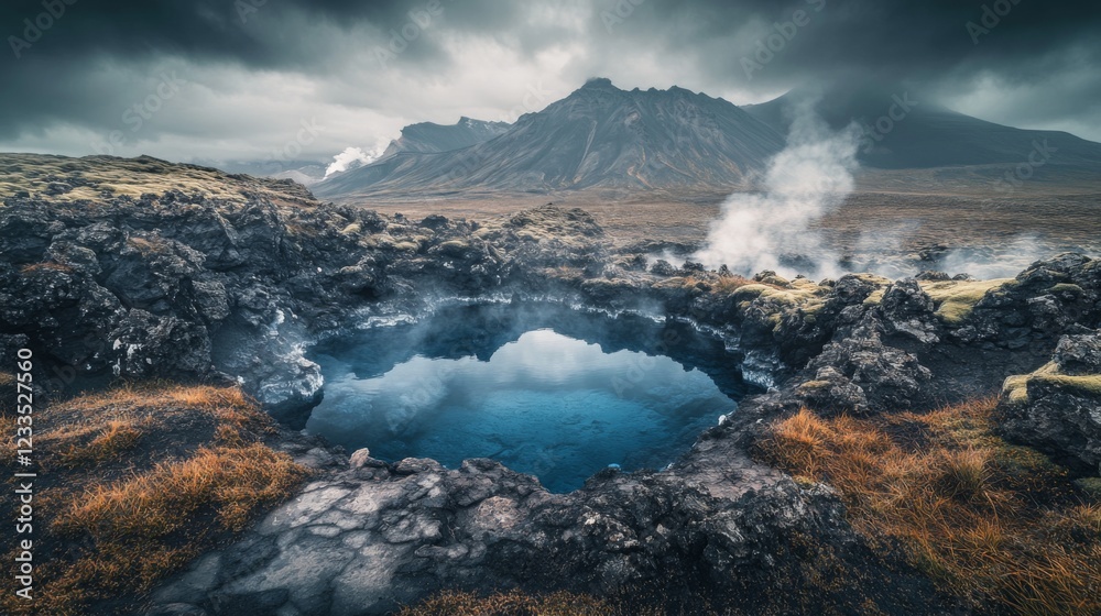 A stunning geothermal hot spring surrounded by rugged lava rocks. The contrasting colors enhance the natural beauty of the landscape. Breathtaking views await . Generative AI A stunning geothermal hot spring surrounded by rugged lava rocks. The contrasting colors enhance the natural beauty of the landscape. Breathtaking views await . Generative AI