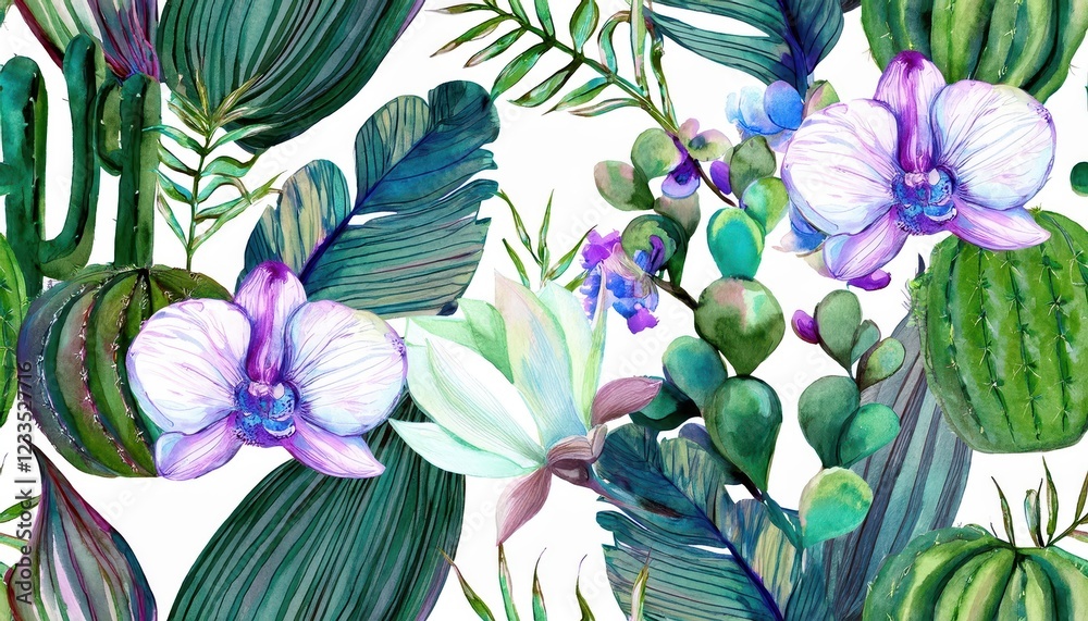 Naklejka premium Stunning Tropical Paradise A Vibrant Mosaic of Leaves and Blossoms, Embracing a Lush, Exotic Oasis