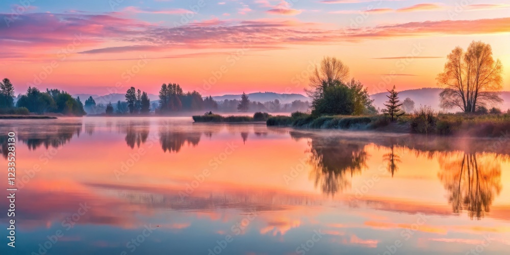 Obraz premium Soft pink hues of sunrise illuminate the misty waters of Snohomish River Delta in Everett WA landscape reflected in calm morning lake surface, water reflection, morning light