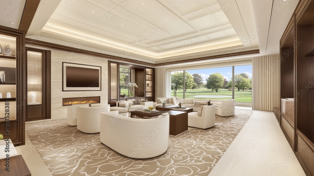 Fototapeta premium Luxurious Living Room with Golf Course View