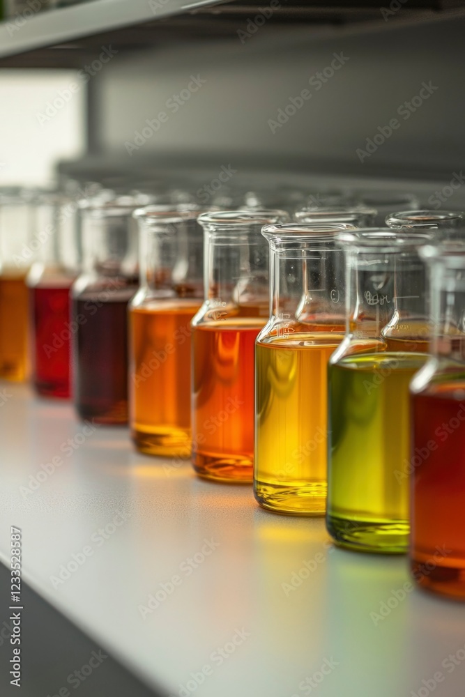 Colorful liquids in glass jars on a shelf Colorful liquids in glass jars on a shelf