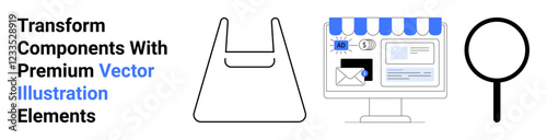 Shopping bag outline, storefront on desktop screen with messages and cart. Search magnifying glass. Ideal for e-commerce, online retail, business branding, SEO, website UI, digital ads flat landing
