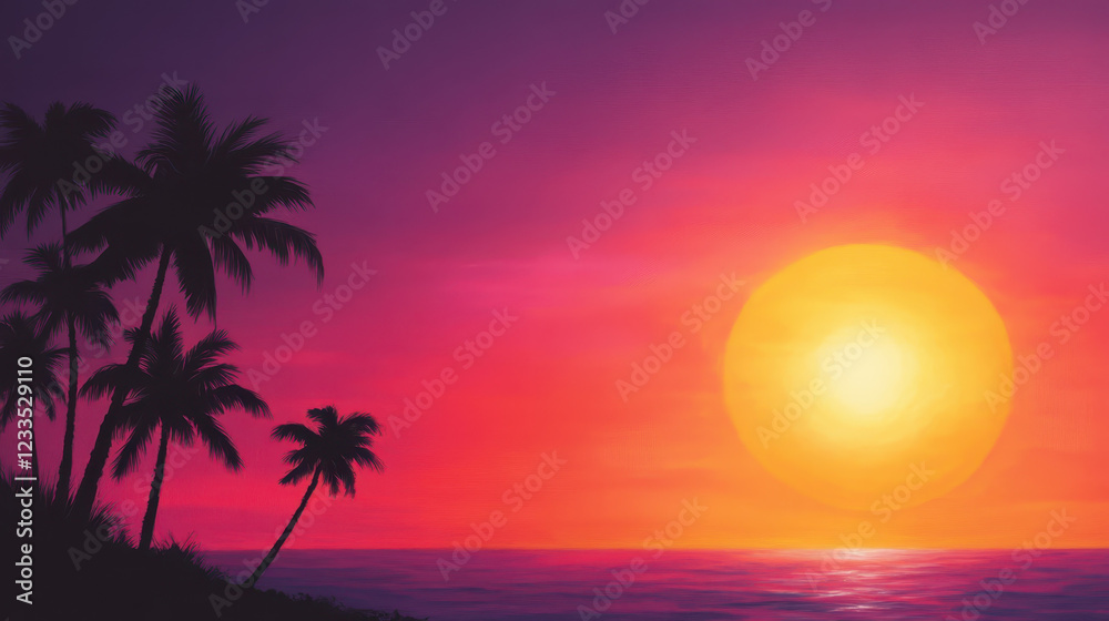 Naklejka premium vibrant sunset with palm trees silhouetted against colorful sky