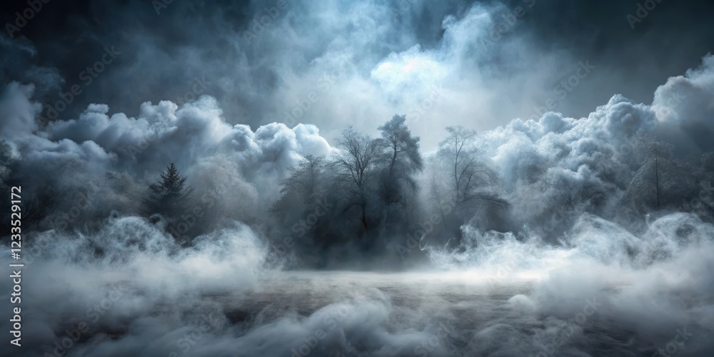 Obraz premium Mysterious foggy atmosphere with dry ice smoke and misty clouds in the background, misty, overcast, misty,overcast,smoke